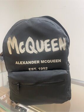 Alexander McQueen Black Backpack with White Logo Print